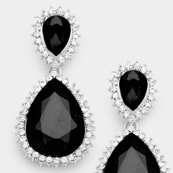 Black Crystal Rhinestone Teardrop Evening Earrings - Picture 2 of 5